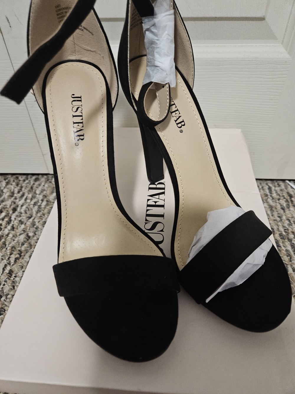 JustFab Black Open-Toe Ankle Strap Stiletto Heels